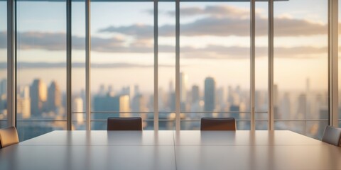 Fototapeta premium Empty meeting table in spacious office at sunrise with city view