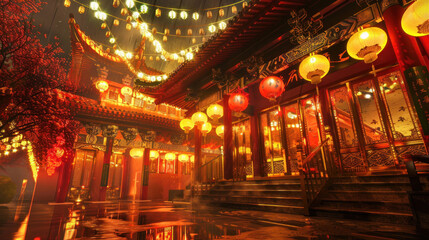 Chinese New Year lanterns, vibrant festival with red and gold lanterns, traditional Chinese architecture, celebratory atmosphere, detailed design elements