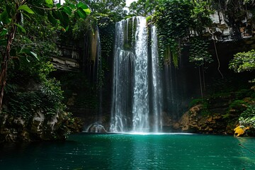 A majestic waterfall plunges into a vibrant teal pool, surrounded by dense, verdant rainforest vegetation. The cascading water creates a stunning natural spectacle.