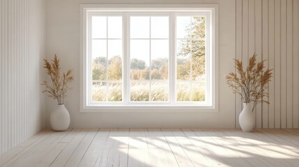 Fototapeta premium Bright and Airy Empty Room with Large Windows, Light Wooden Floor, and Decorative Vases, Ideal for Inspiring Interior Design Concepts