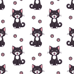 Black and pink cats and paw's prints on white background. Vector seamless pattern.