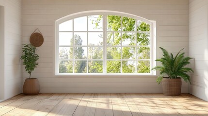 Bright and Airy Empty Room with Large Window Framing Lush Greenery in a Minimalist Summer Aesthetic Perfect for Home Decor Inspiration