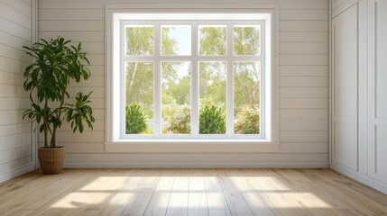 Serene Summer Room with Sunlit Window and Greenery Outside, Evoking Calmness and Tranquility in an Empty Space