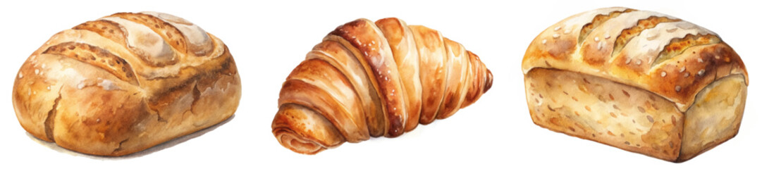 Freshly baked bread, artisan loaf, golden croissant, rustic style, watercolor illustration, food art, culinary design.