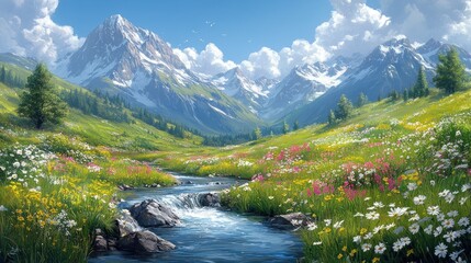 Idyllic mountain valley scene with wildflowers and a stream.