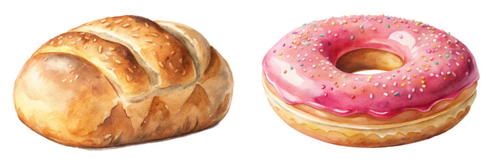 Freshly baked bread, colorful donut, watercolor illustration, delicious pastries, bakery art, sweet treats, food design.