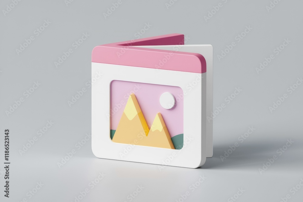 Poster a 3d render of a pink and white image icon depicting a mountain landscape.