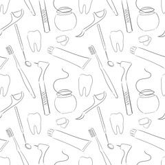 seamless pattern with silhouettes of dentist and dental care tools on a white background