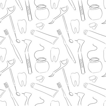 seamless pattern with silhouettes of dentist and dental care tools on a white background