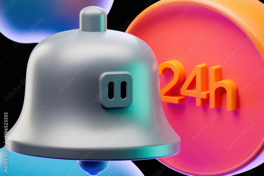 Poster a 3d rendered image of a bell with 24h, signifying 24/7 service or availability.