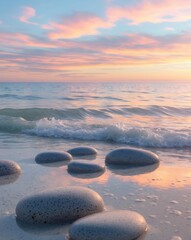 Obraz premium Gentle waves wash over smooth stones during sunset at a coastal location with vibrant colors in the sky