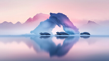 A quiet Arctic scene with a group of seals resting on ice under a soft pastel sky.