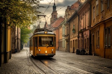 Obraz premium Tram journey through historic streets city center urban photography charming environment captured moment nostalgic vibes