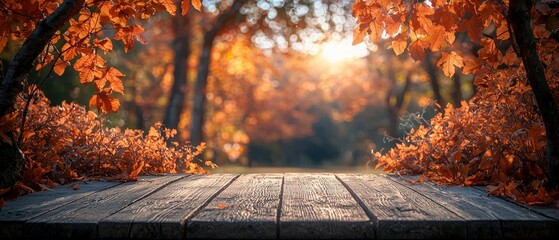 Rustic wooden table against a backdrop of warm autumn foliage. Ideal for showcasing fall products, Thanksgiving themes, or nature-inspired designs.