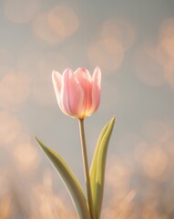 Naklejka premium Graceful Light Pink Tulip in Golden Sunlight with Dreamy Background