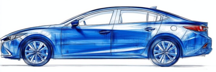 Blue Sedan Car Design Sketch, Transparent Body with Visible Lines, Isolated on White Background