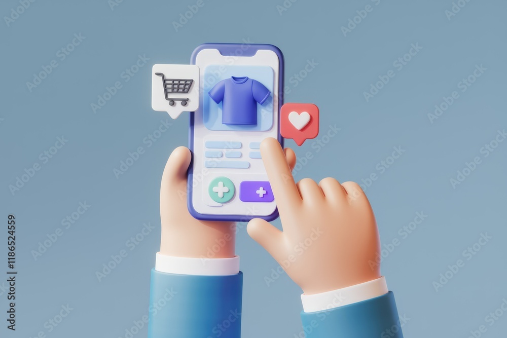Poster hands using a smartphone app to shop for clothes online, showing shopping cart, heart and plus icons