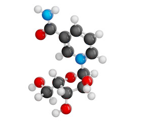 Nicotinamide Riboside. Form of Vitamin B3. Model of a molecule. Molecular formula: C11H15N2O5. Chemical model: Ball and stick. Isolated. Transparent background. PNG. 3D illustration