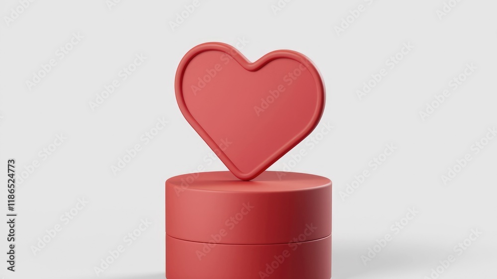 Poster A 3D rendered image of a red heart-shaped object on a cylindrical base, symbolizing love and affection.