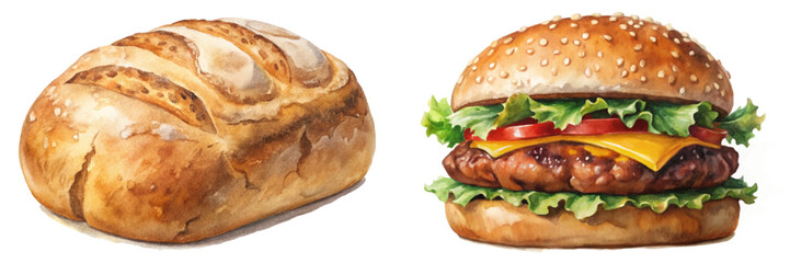 Freshly baked bread, delicious hamburger, watercolor illustration, food art, culinary design, vibrant colors, appetizing visuals.