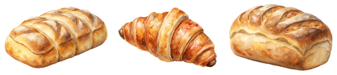 Freshly baked bread, golden croissant, artisan loaf, watercolor illustration, food art, bakery style.
