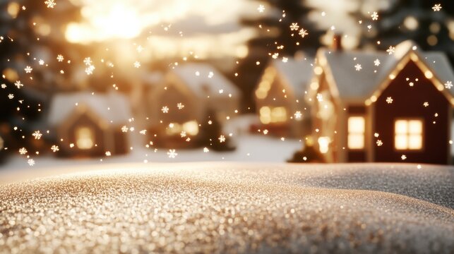 Winter Wonderland: A picturesque snow-covered landscape, illuminated by warm, glowing windows of charming houses bathed in golden sunset light. The falling snow creates a magical atmosphere. - Powered by Adobe