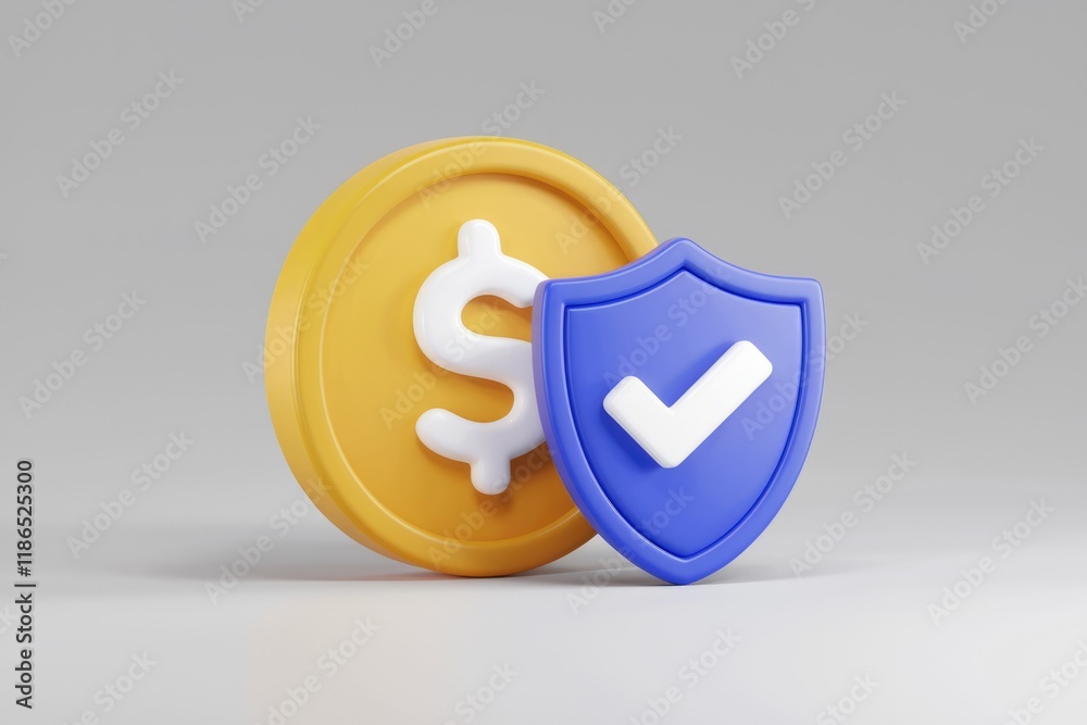 Aufkleber A 3D rendering of a gold coin with a dollar sign and a blue shield with a checkmark, symbolizing financial security.