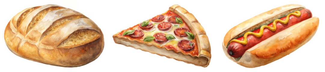 Freshly baked bread, delicious pizza slice, classic hot dog, vibrant food illustration, appetizing culinary art.