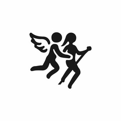 A simple, stylized black silhouette illustration shows an angel figure with wings and another figure holding a staff.