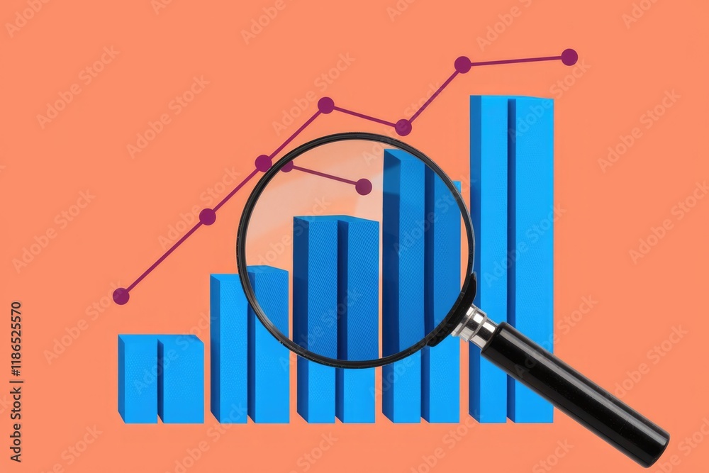 Poster magnifying glass over a bar graph showing upward trend, signifying growth and analysis.