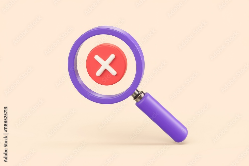 Poster a purple magnifying glass focuses on a red cross symbol, signifying rejection or error.