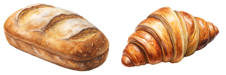 Freshly baked bread, golden croissant, artisanal pastries, watercolor illustration, food styling, culinary art.