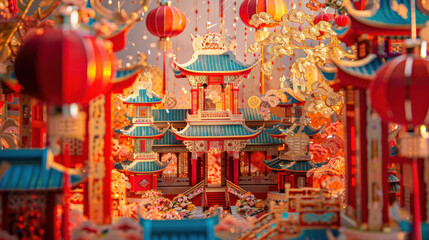 Naklejka premium Chinese New Year paper cutting, vibrant festival with red and gold lanterns, traditional Chinese architecture, celebratory atmosphere, detailed design elements