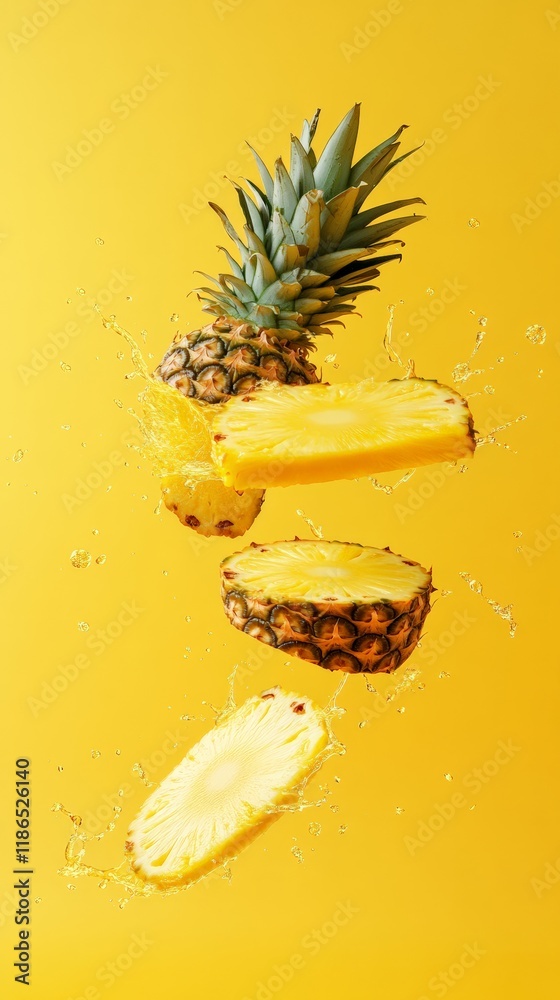 Poster Pineapple slices and whole pineapple are levitating on a yellow background, surrounded by splashes of pineapple juice, creating a refreshing and vibrant scene