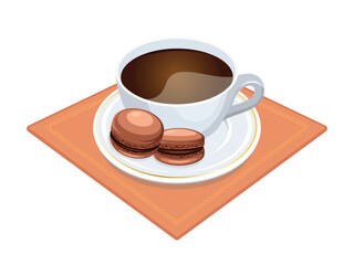 Cup of coffee and macarons with chocolate filling vector illustration. Coffee mug and brown french macaroons icon on a white background. Chocolate macarons and coffee cup on tablecloth drawing