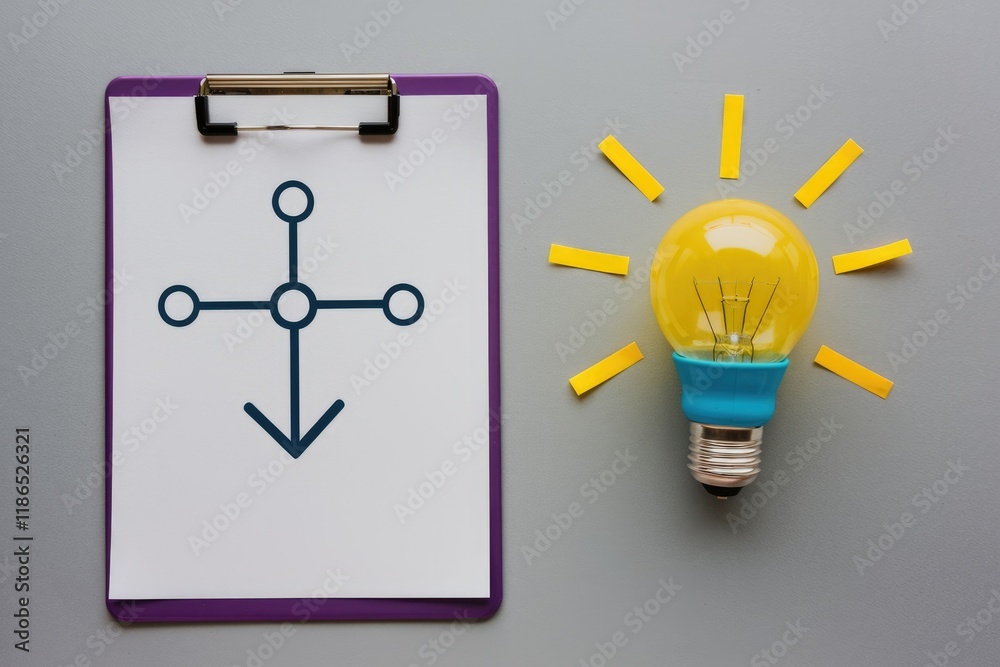 Leinwandbilder A clipboard with a flowchart converging downwards symbolizes an idea's development and implementation.