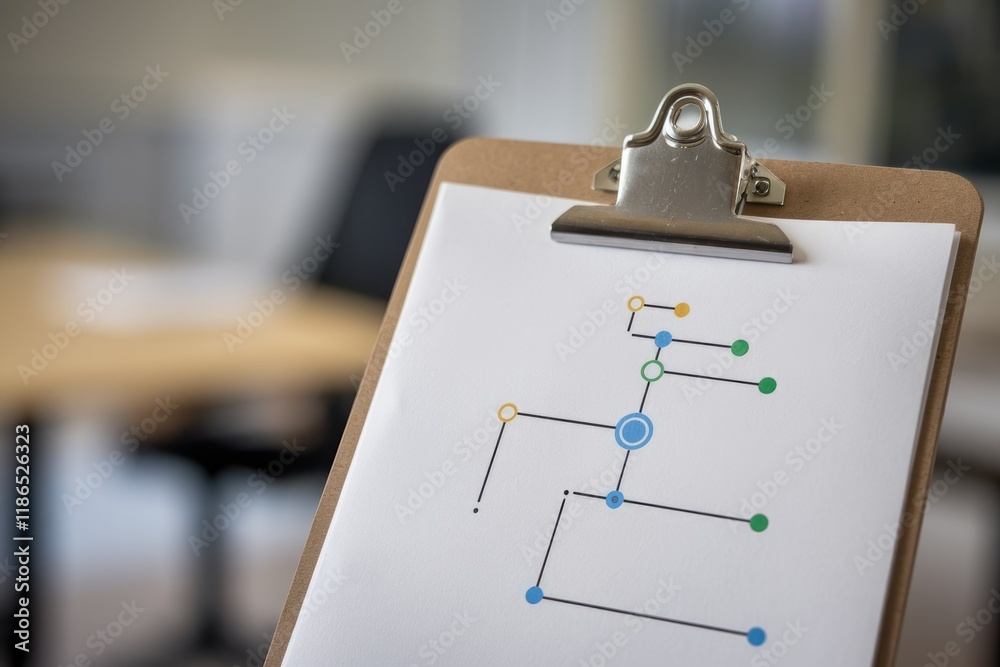 Aufkleber A clipboard displays a simple flowchart with colored nodes and lines, representing a process or system.