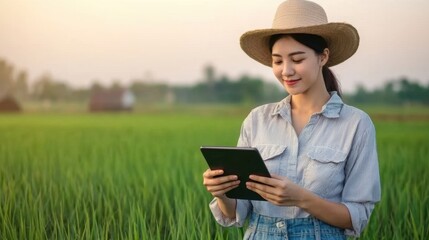 Fototapeta premium Young Woman in Hat Using Tablet on Green Rice Field Landscape