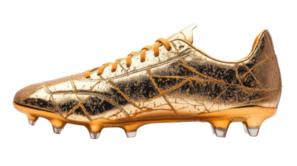  Golden soccer cleats luxury footwear white background. 