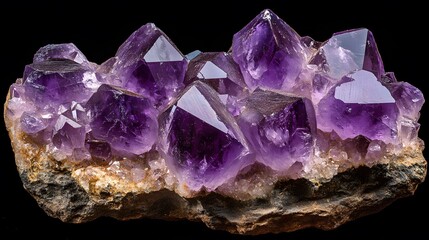 Fototapeta premium Natural raw amethyst crystal clusters showcase deep purple hues and geometric crystalline structures. Translucent facets catch soft backlight, displaying mystical mineral textures and formations.