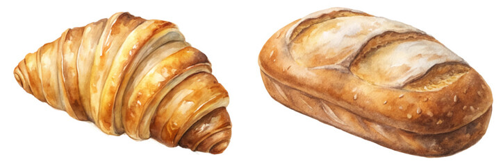 Freshly baked croissant, artisanal bread, watercolor illustration, food photography, culinary art, bakery products.