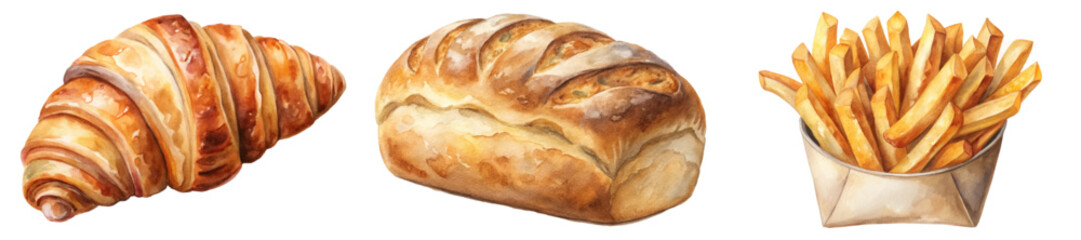 Freshly baked croissant, artisanal bread loaf, crispy French fries, food illustration, watercolor style, delicious snacks.
