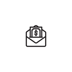 An open envelope icon with a dollar bill inside. Represents payment, money transfer, or financial correspondence. Simple line art design.