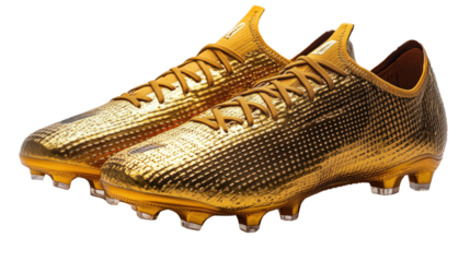  Golden soccer cleats luxury footwear transparent background. 