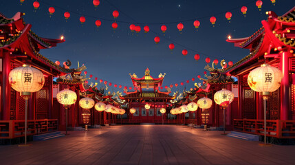 Fototapeta premium Chinese New Year parade, vibrant festival with red and gold lanterns, traditional Chinese architecture, celebratory atmosphere, detailed design elements