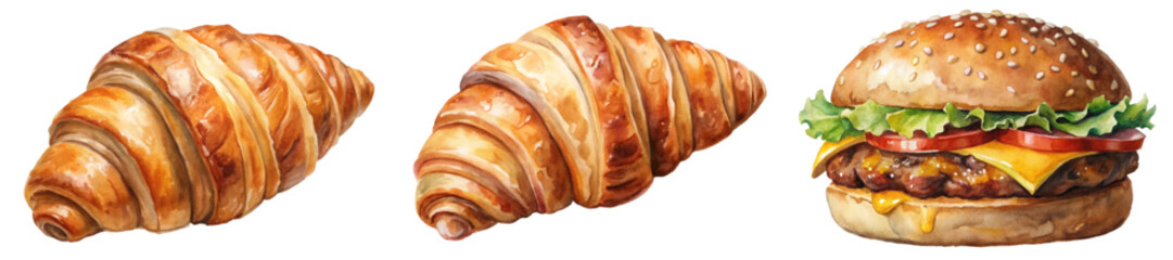 Freshly baked croissants, delicious burger, golden crust, appetizing food illustration, watercolor style, culinary art.