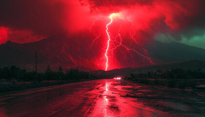 Cloudy thunder sky natural lighting, red lightening generated.AI