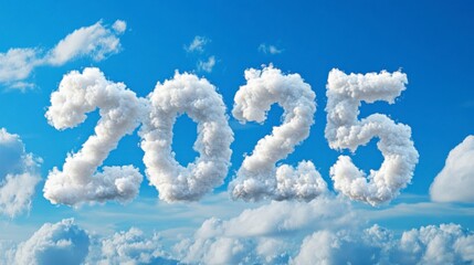 Naklejka premium Cloud Formation 2025: An ethereal vision of the year 2025 etched into the canvas of the sky, with fluffy white clouds forming the numerals against a deep blue backdrop. A mesmerizing image.