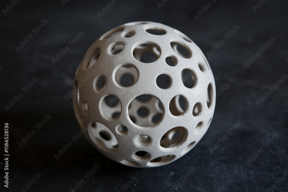 Poster a spherical ceramic artwork featuring numerous uniformly sized perforations, creating a visually int