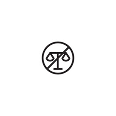 A scale icon crossed out within a circle. Represents injustice, prohibition of fairness, or lack of balance. Simple line art design.